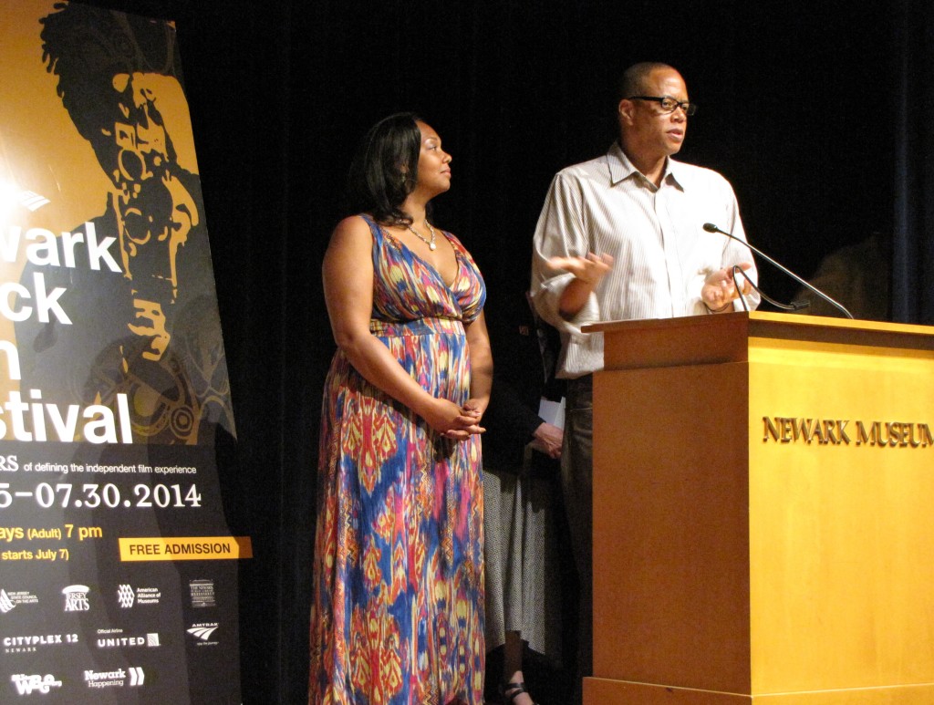 Ralph Scott, right, filmmaker/producer/director of the film “Barbasol,” and producer Kiara Jones, left, accepted the Paul Robeson Award for short narrative at the 40th Newark Black Film Festival and dedicated the award to the late Betty Lawson.
