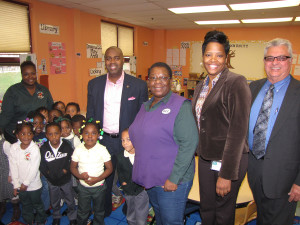 A group of students at Community Hills Early Learning Center sang a song for the mayor about the importance of fire prevention. Center Director Cheryl Mack, second from right, gave Baraka a tour of the facility. New Community CEO Richard Rohrman, far right, and Richard Cammarieri, not pictured, Director of Special Projects, accompanied the mayor on his tour around the network.