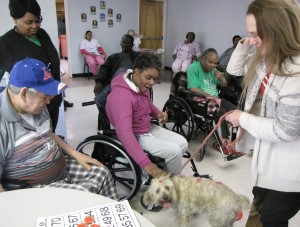 Residents of the New Community Extended Care Facility put their game of bingo on pause to greet Rocky.