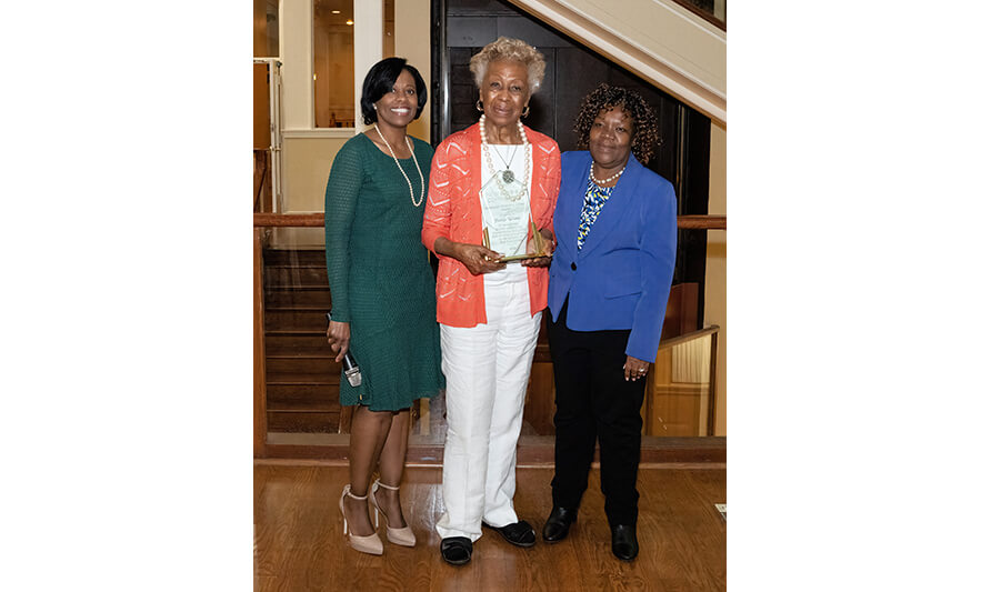 Employee Appreciation Day 5-26-2022 Frances Teabout Madge Wilson Elizabeth Mbakaya with Monsignor Award for web