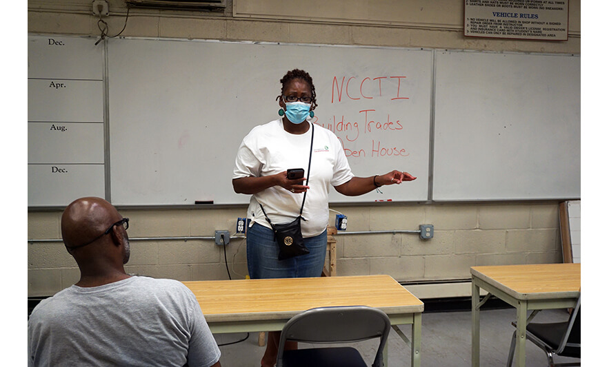 NCCTI Building Trades Open House 9-15-2022 Sylvia McCray addressing attendees for web
