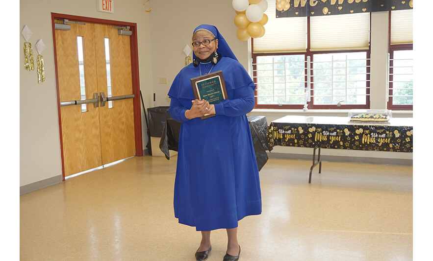 Sister Maurice Surprise Farewell 6-30-2023 Sister Maurice with plaque for web